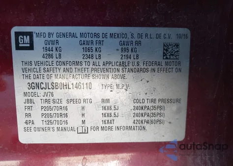 2017 Chevrolet Trax Lt z USA, uszkodzony, nr VIN 3GNCJLSB0HL146110